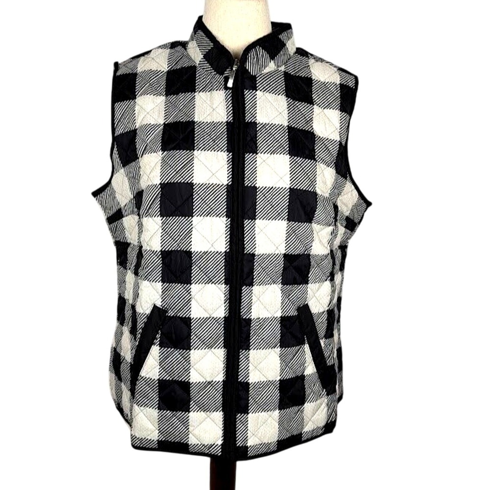 Karen Scott Buffalo-Check Puffer Vest Deep Black White Women's Size L